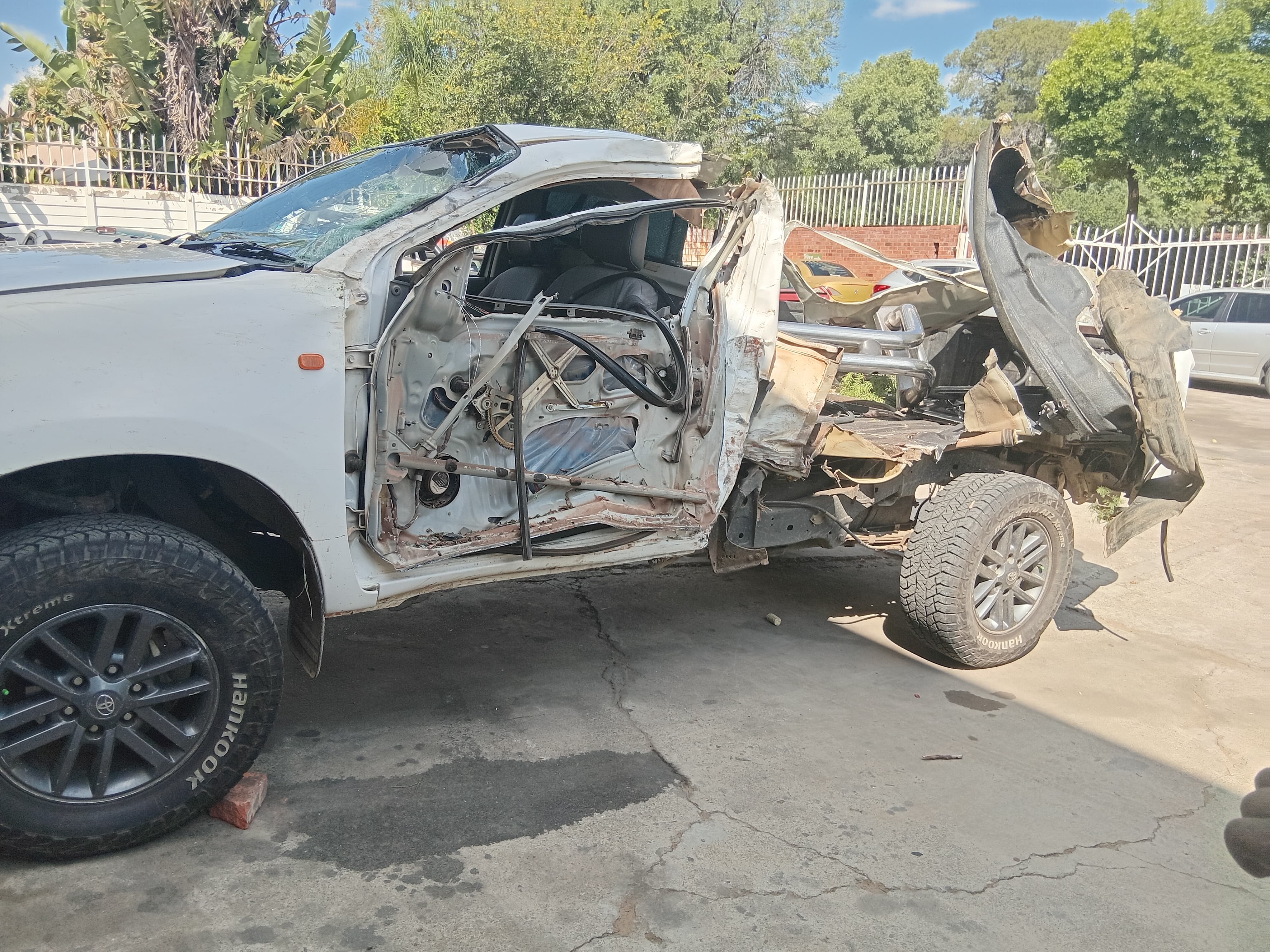 Heavily accident-damaged pickup ready for assessment and repair
